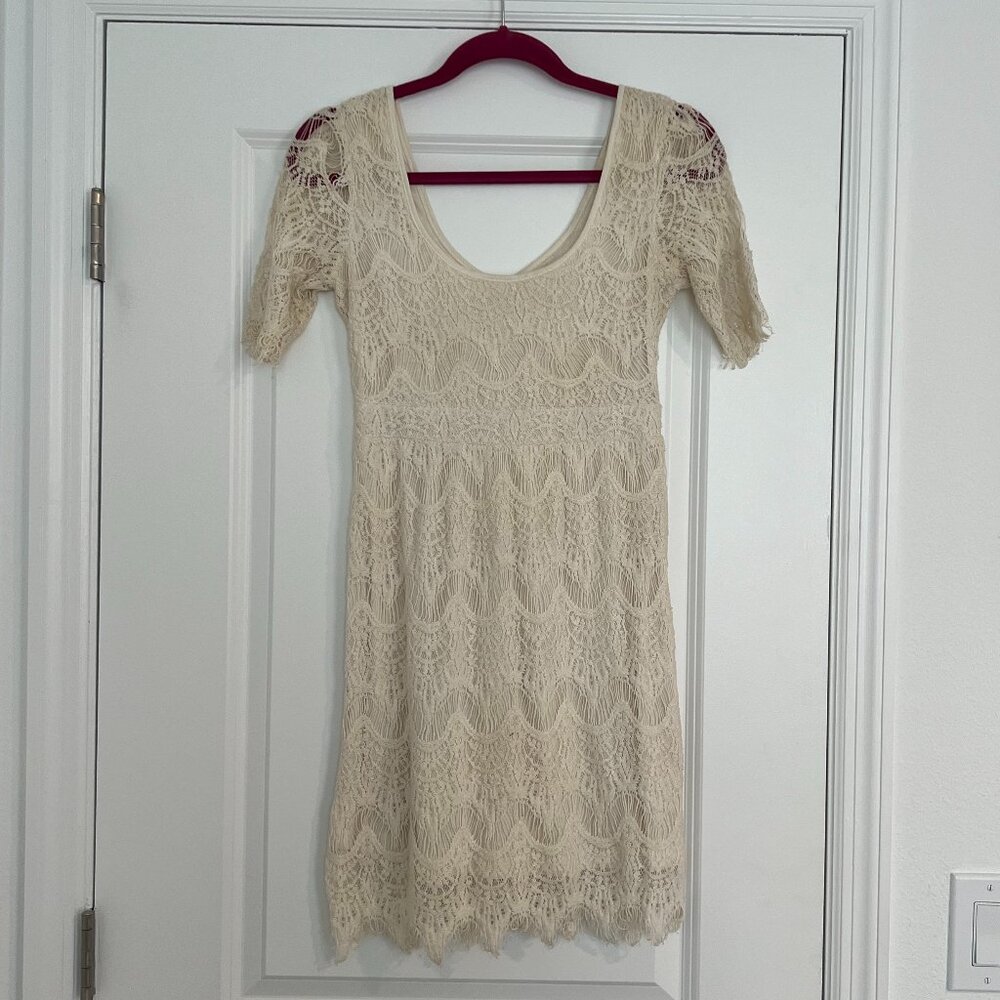 PINS & NEEDLES Ivory Knit Crochet Empire Waist Scoop Neck Midi Slip Dress Cute S